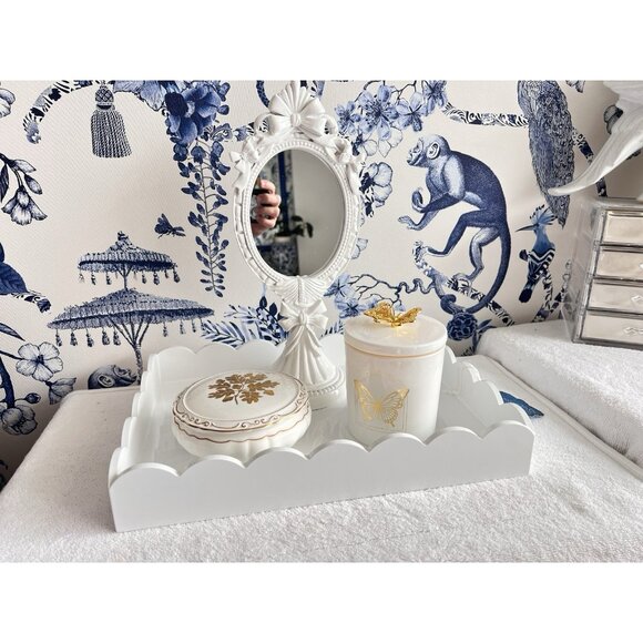 Scallop Edge White Lacquered Vanity Tray 14.25"L x 10.25"W Dresser Bathroom - Picture 15 of 16